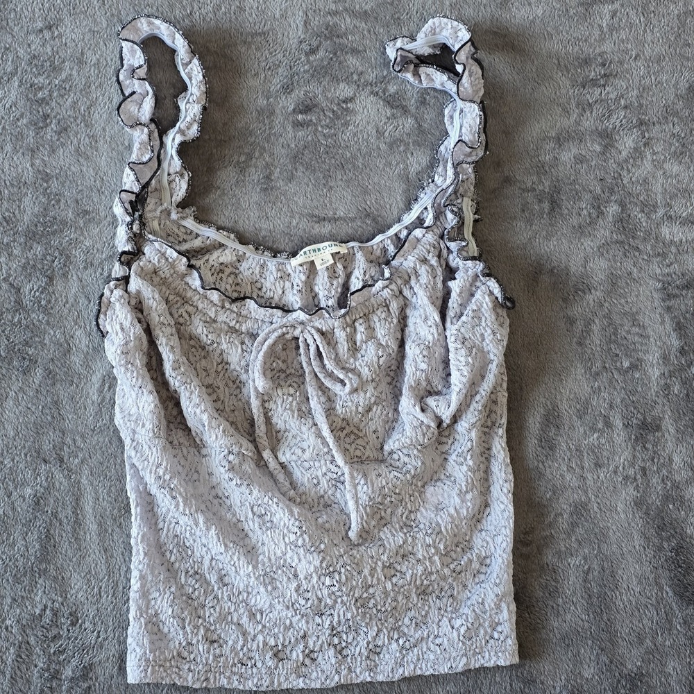 Earthbound Trading Tank Top Large Gray Lettuce Trim Floral‎ Lace Y2k Boho Fairy